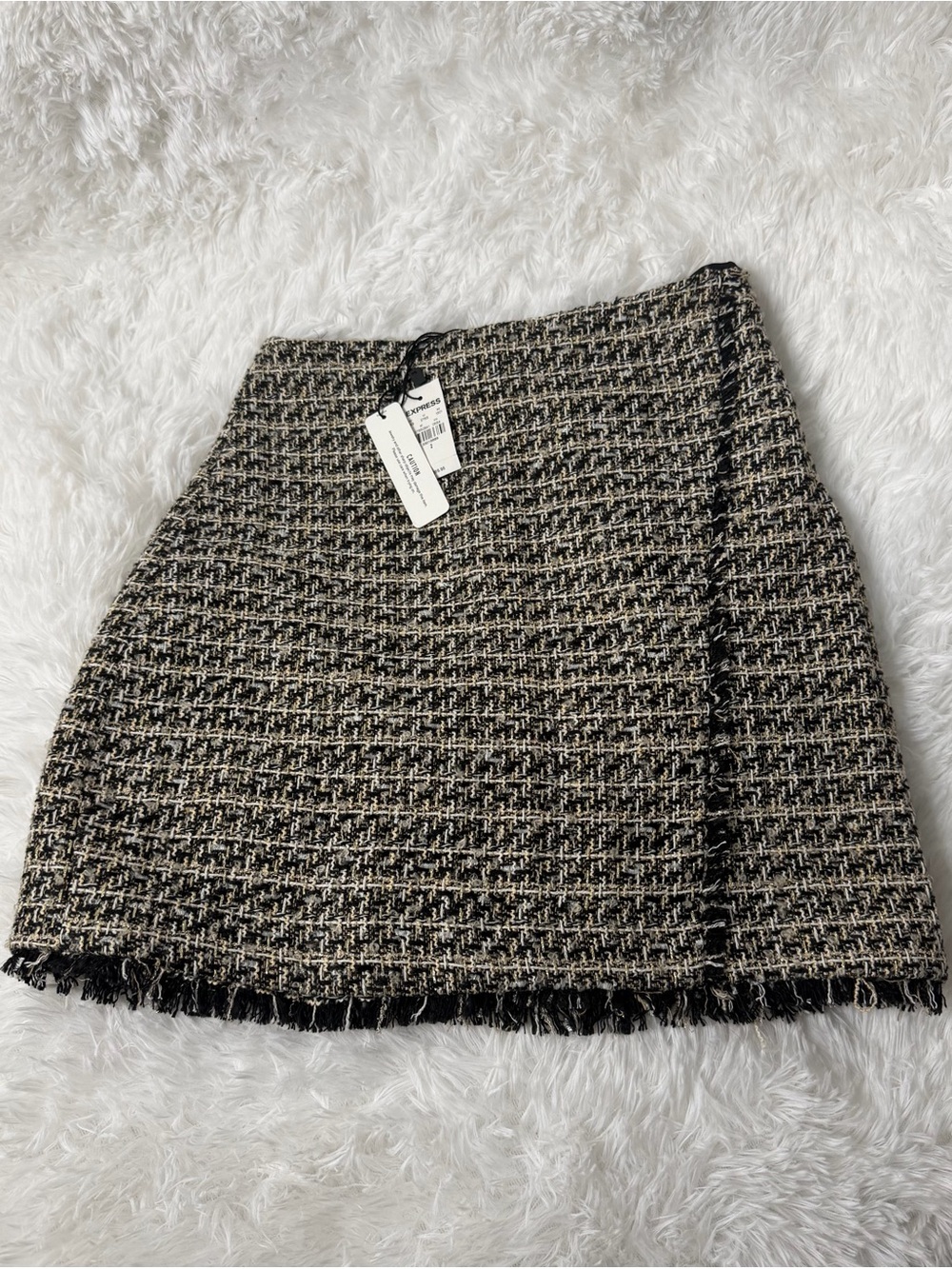 Express Black and Cream Tweed Fringe Mini Skirt